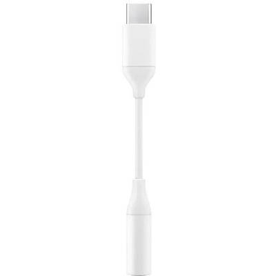 Bílý adaptér s USB-C konektorem a 3,5mm jackem pro připojení sluchátek nebo reproduktorů k zařízením s USB-C.