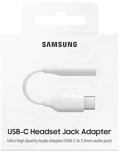 Balení adaptéru Samsung USB-C na Jack se zobrazením bílého USB-C na 3,5mm audio adaptér.