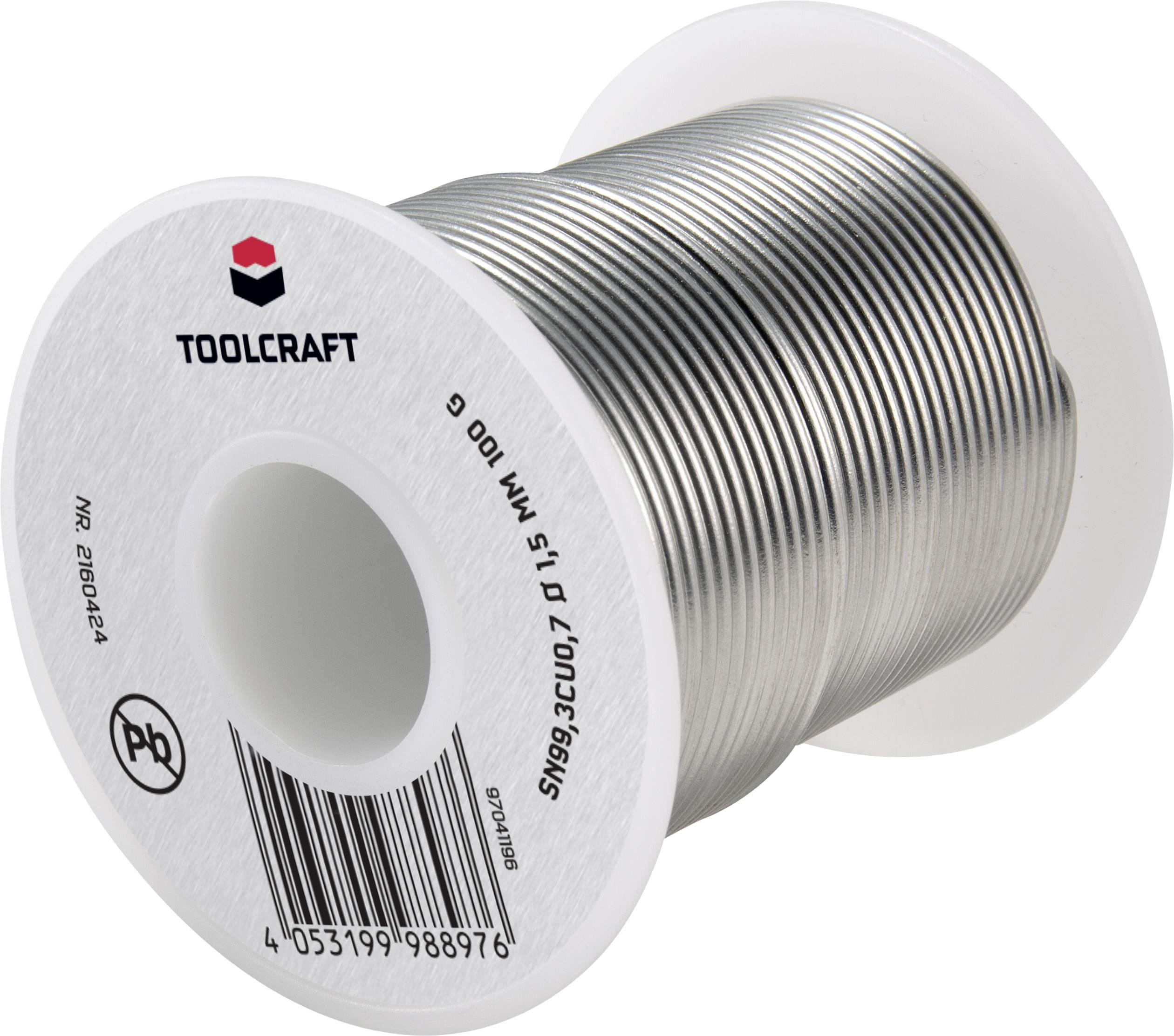 Cínová pájka Toolcraft o průměru 0,5 mm a hmotnosti 100 g. Vhodná pro elektronické pájení.