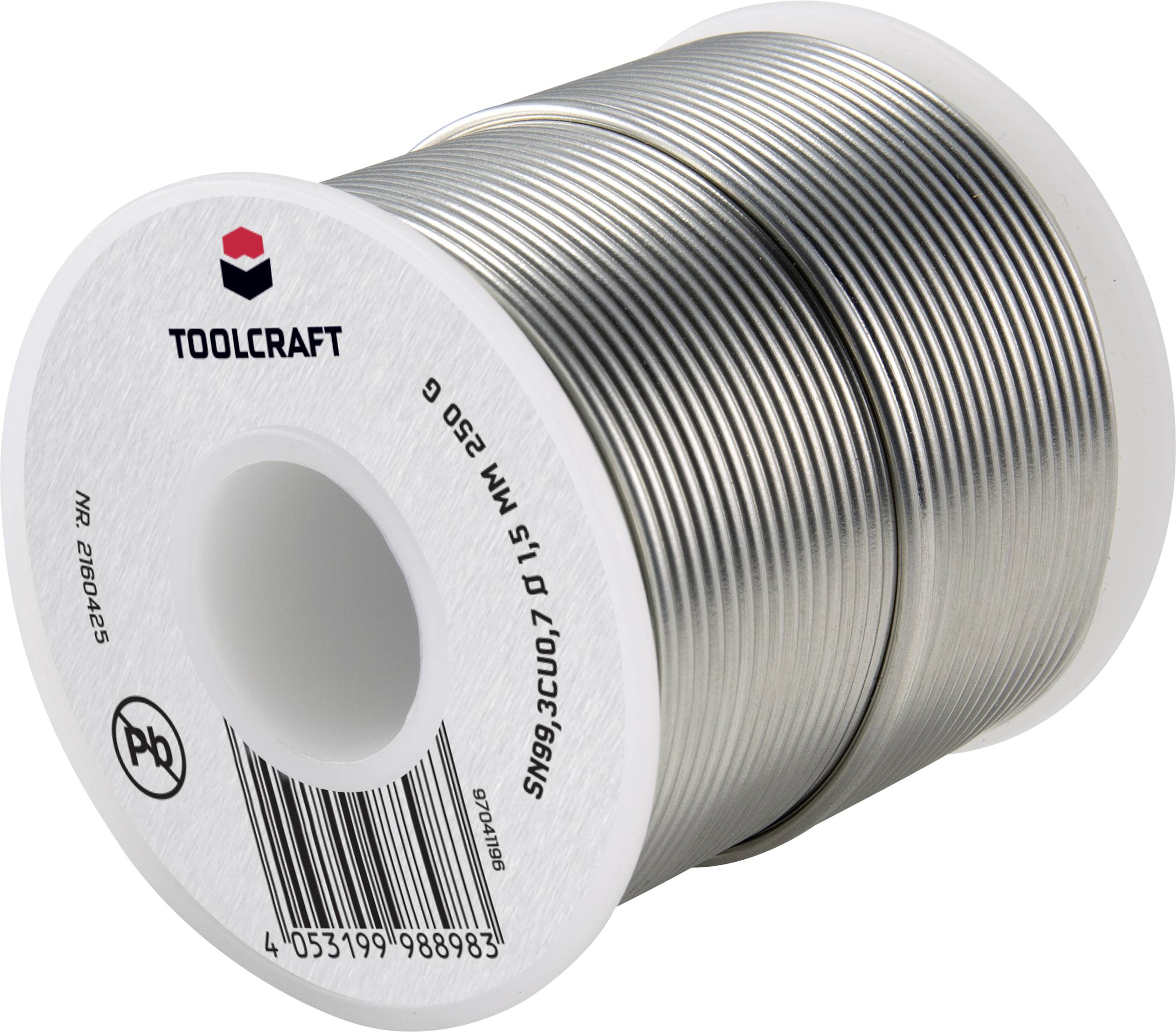 Cívka pájecího drátu značky TOOLCRAFT, průměr 1,5 mm, hmotnost 250 g, bez olova. Perfektní pro elektronické pájení.