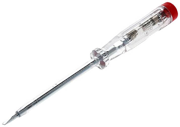 Transparentní zkoušečka napětí s červenou rukojetí, používaná k testování elektrického napětí.