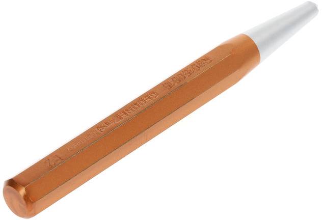 Oranžový šestihranný impaktor z kovu se stříbrným hrotem, používaný k vyjímání čepů nebo kolíků z různých strojů.