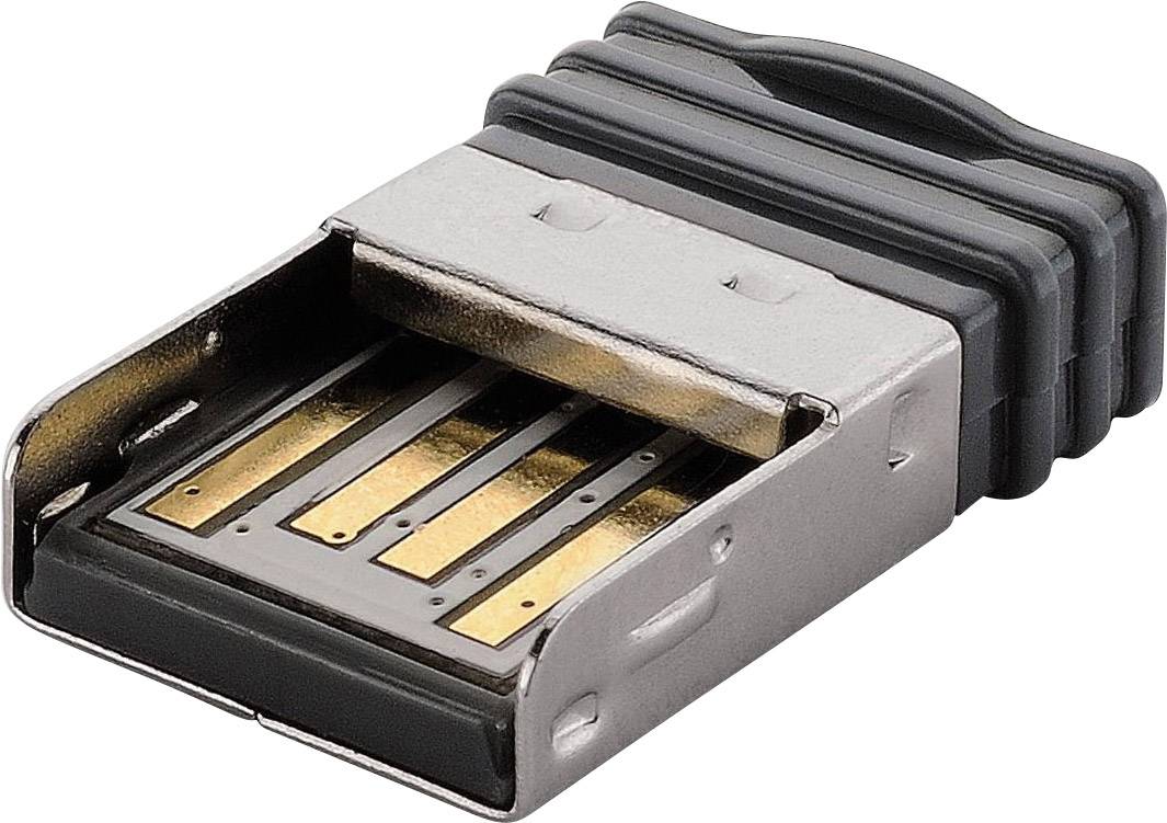 Malý, kovový USB dongle s plastovými detaily, typický pro bezdrátová připojení nebo adaptéry pro počítače.