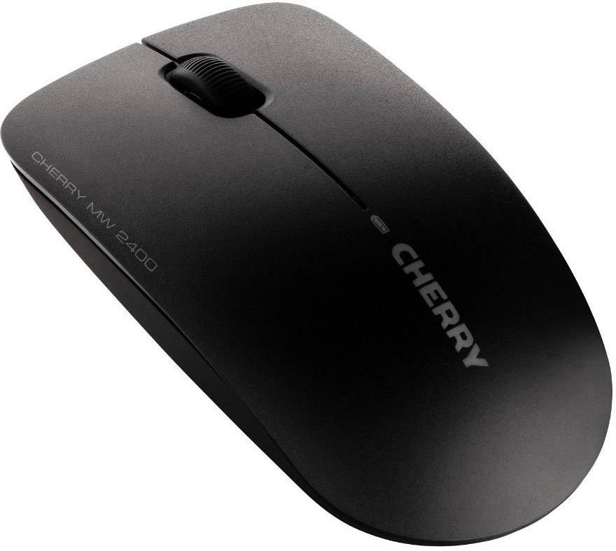 Černá bezdrátová myš od společnosti Cherry, model MW 2400, s kolečkem pro posun a dvěma tlačítky.