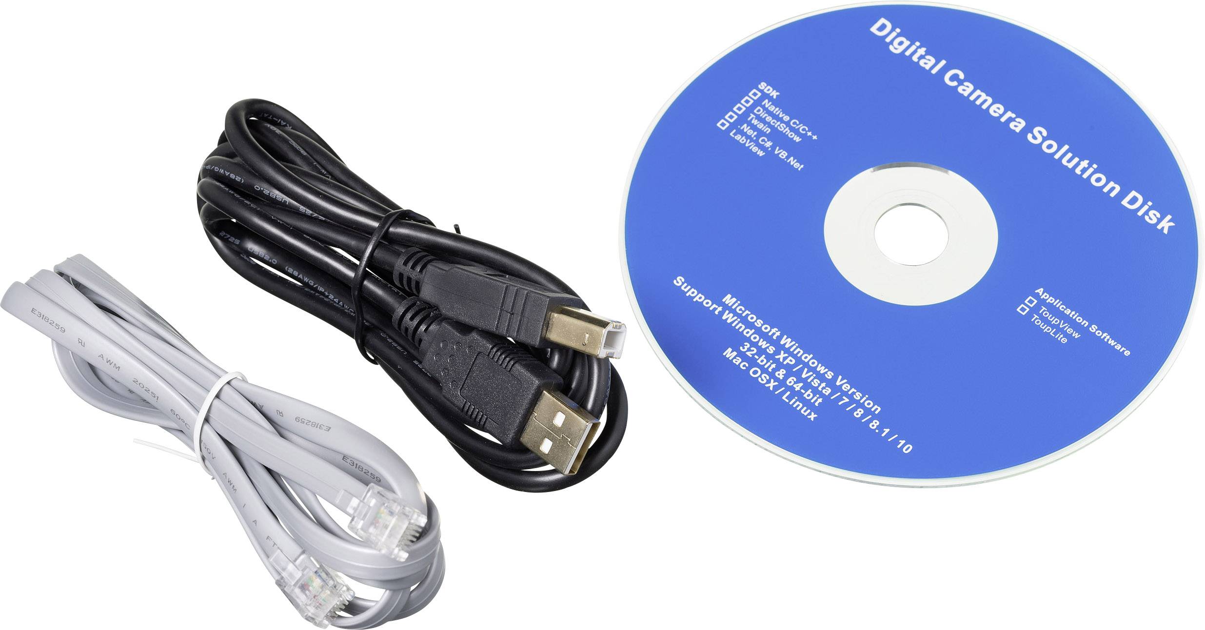 Dva kabely a modrý disk CD s nápisem 'Disk s řešením pro digitální fotoaparát'. Příslušenství k digitálnímu fotoaparátu.