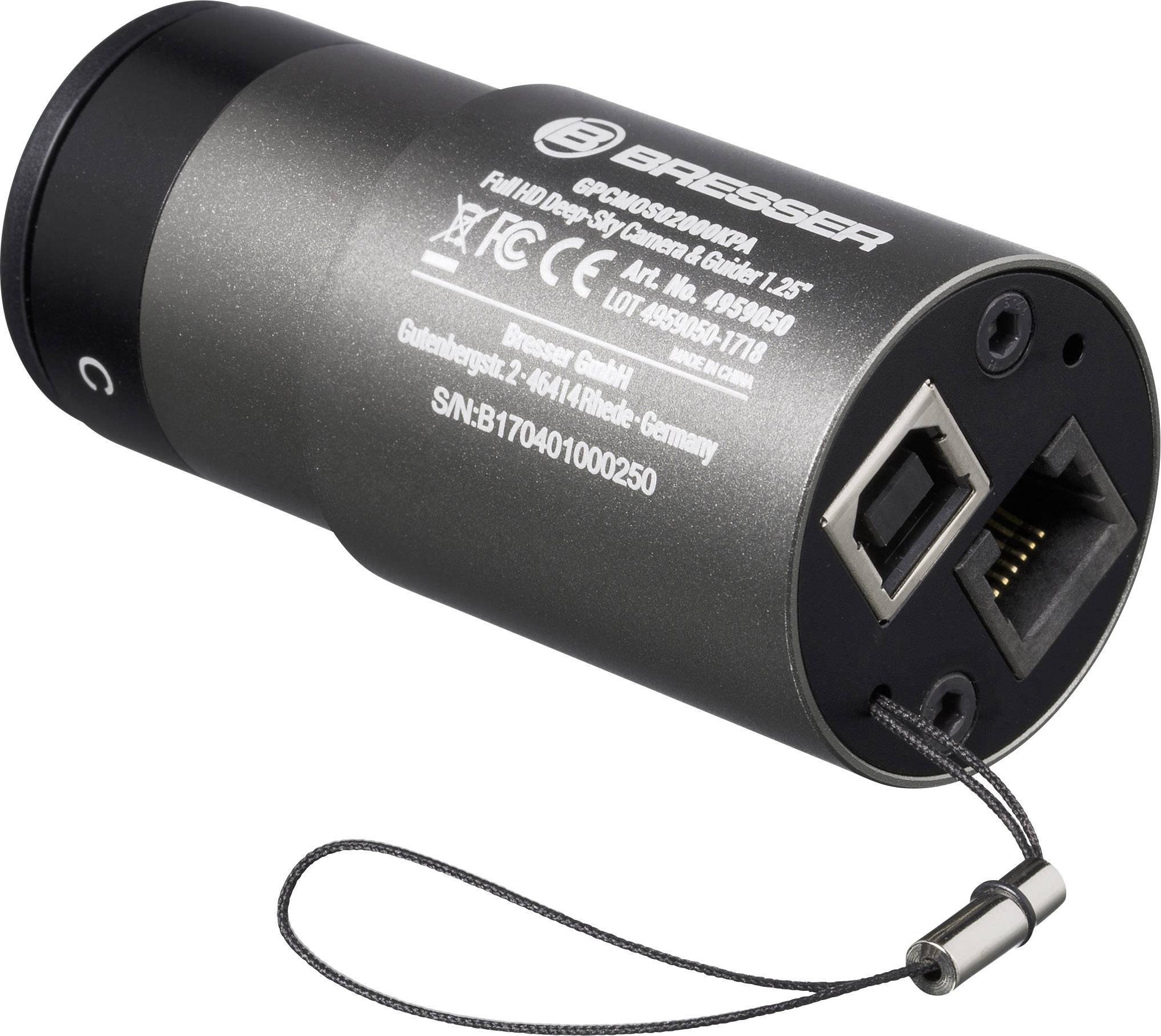 Bresser Objektiv Full HD Deep-Sky, černý, válcovitý tvar s USB a ethernetovým připojením, sériové číslo na kovovém pouzdře.