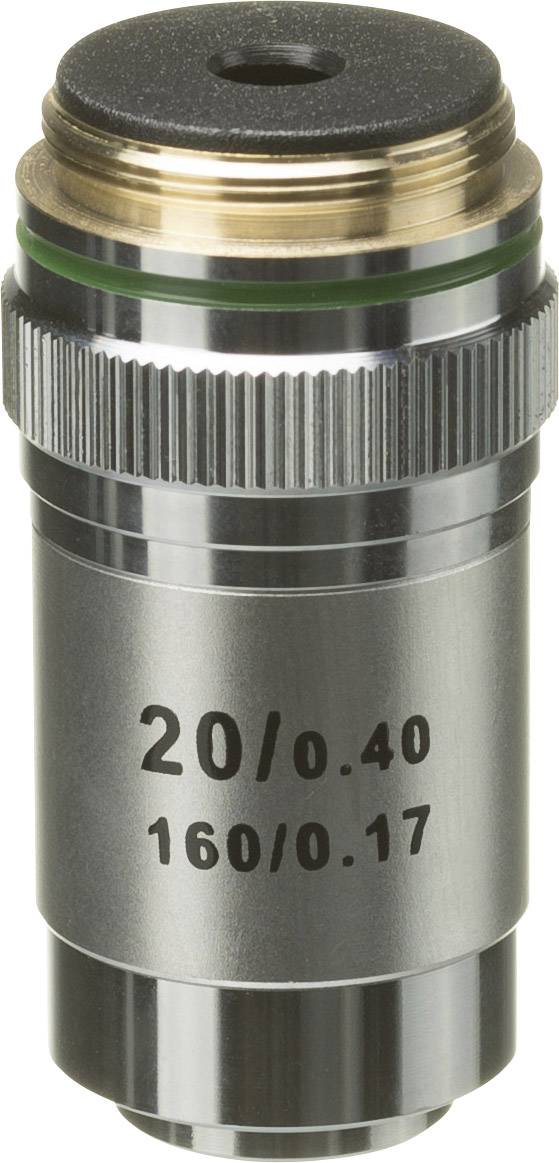 Mikroskopový objektiv s označením '20/0.40', '160/0.17'. Stříbrný válec, rýhování pro nastavení, optické sklo nahoře.