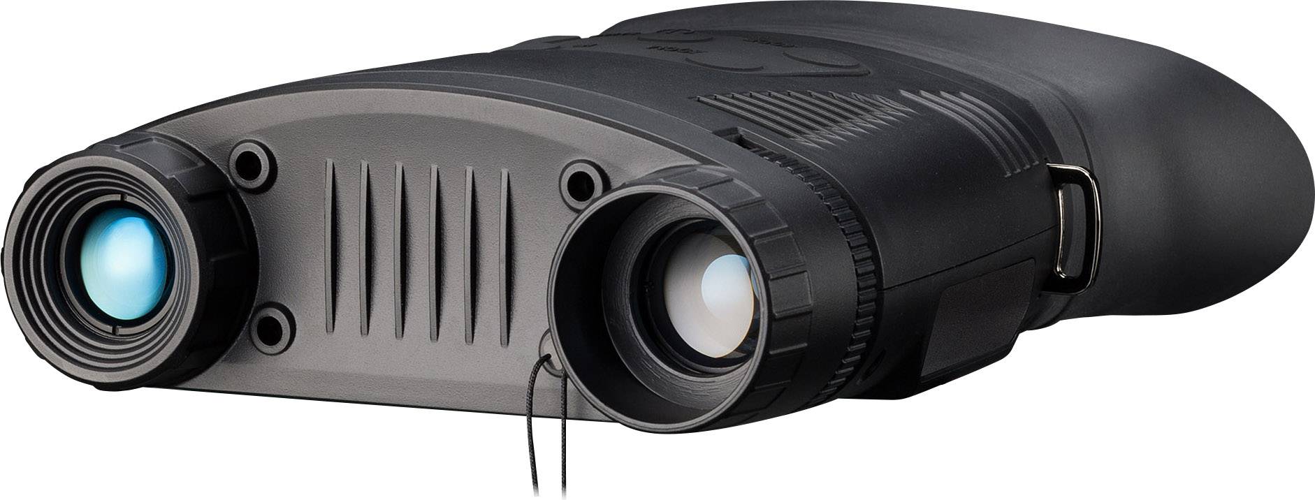 Noční přístroj se dvěma čočkami leží na rovném povrchu. Levá čočka svítí modrým odstínem.