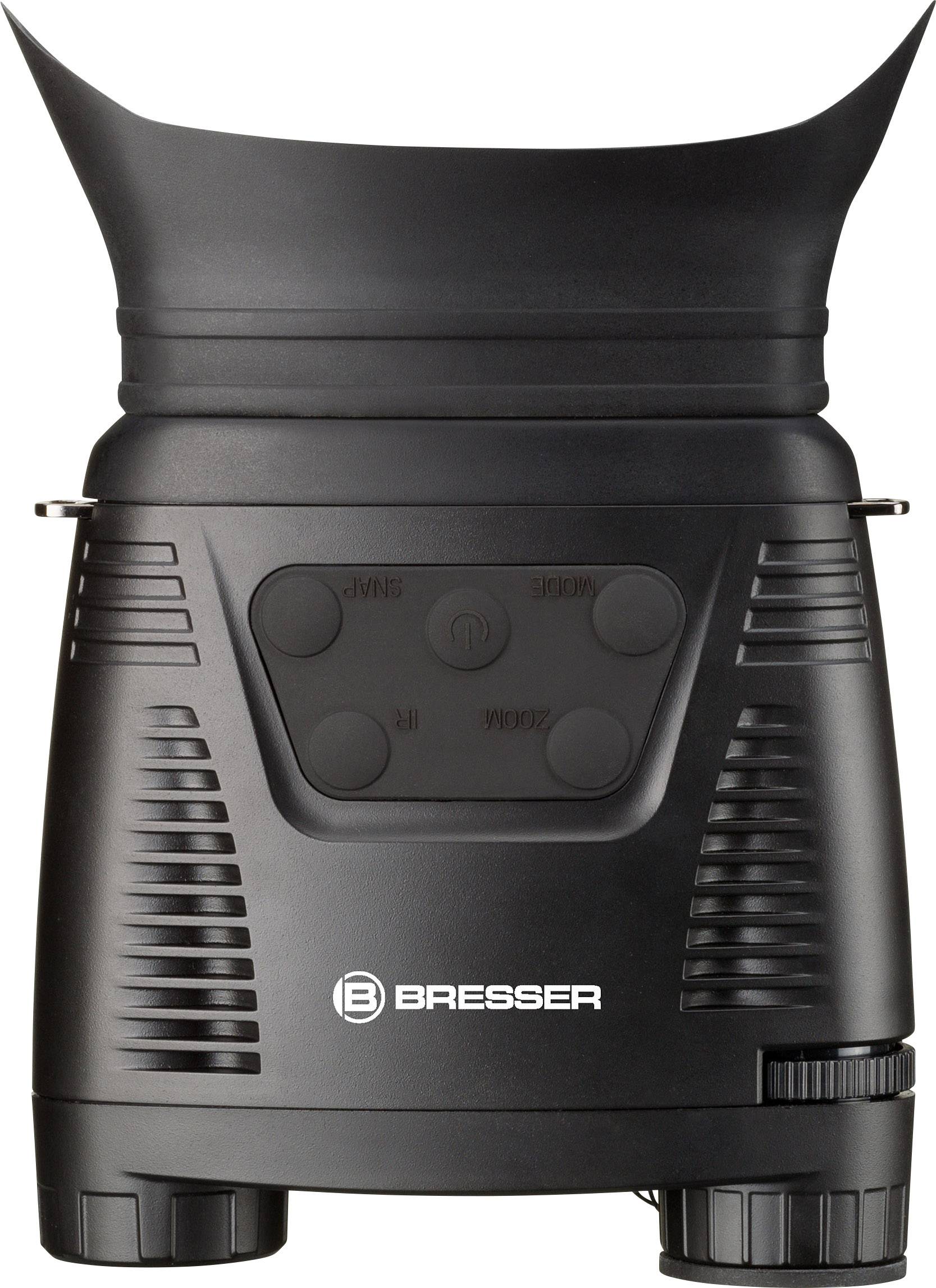 Dalekohled se dvěma velkými okuláry a černým tělem, s názvem značky 'Bresser' na přední straně.