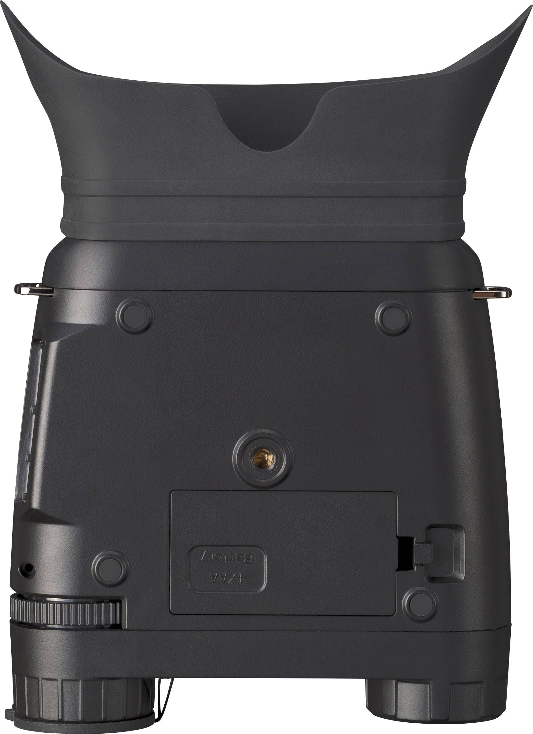 Černý optický přístroj, který vypadá jako dalekohled, leží na stole. Design je moderní, s ergonomickými úchyty.