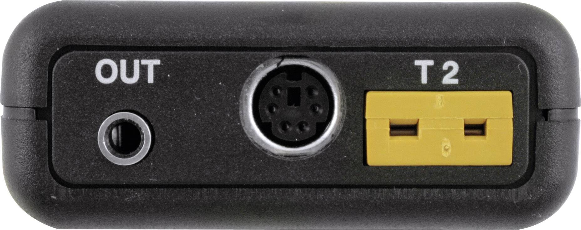 Černé elektronické zařízení s konektory. Vlevo výstup pro audio 'OUT', uprostřed kulatý konektor, vpravo žlutý konektor 'T2'.