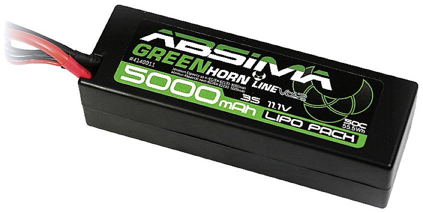 Akumulátor LiPo 'Absima Greenhorn' s kapacitou 5000 mAh, 3s, 11,1 V. Primárně určený pro použití v dálkově ovládaných modelech.