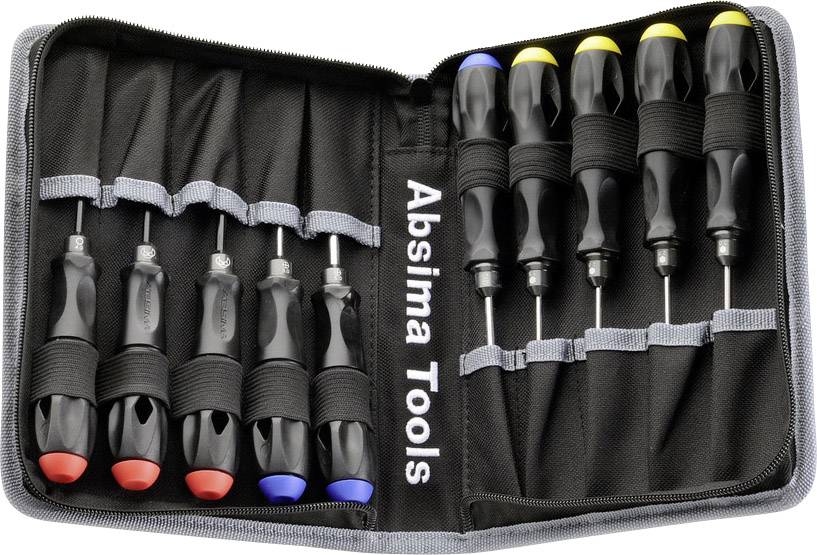 Sada šroubováků v různých velikostech a barvách v otevřené látkové tašce s logem značky Absima Tools.