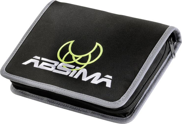 Černá taška s šedým lemováním, zipem a zeleno-bílým logem,text 'ABSIMA'.