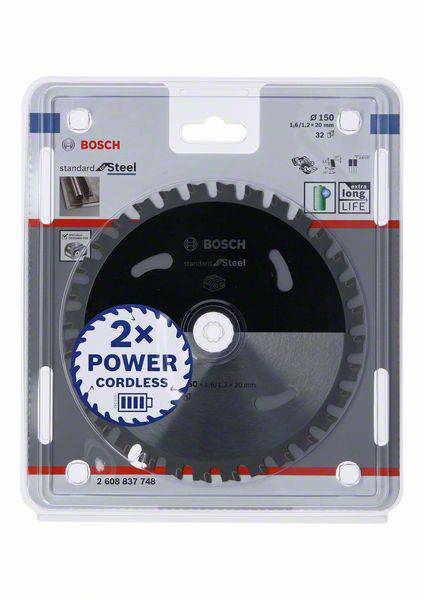 Balení pilového kotouče Bosch pro řezání kovu, '2x Power Cordless'. Parametry: průměr 150 mm, 32 zubů, dlouhá životnost.