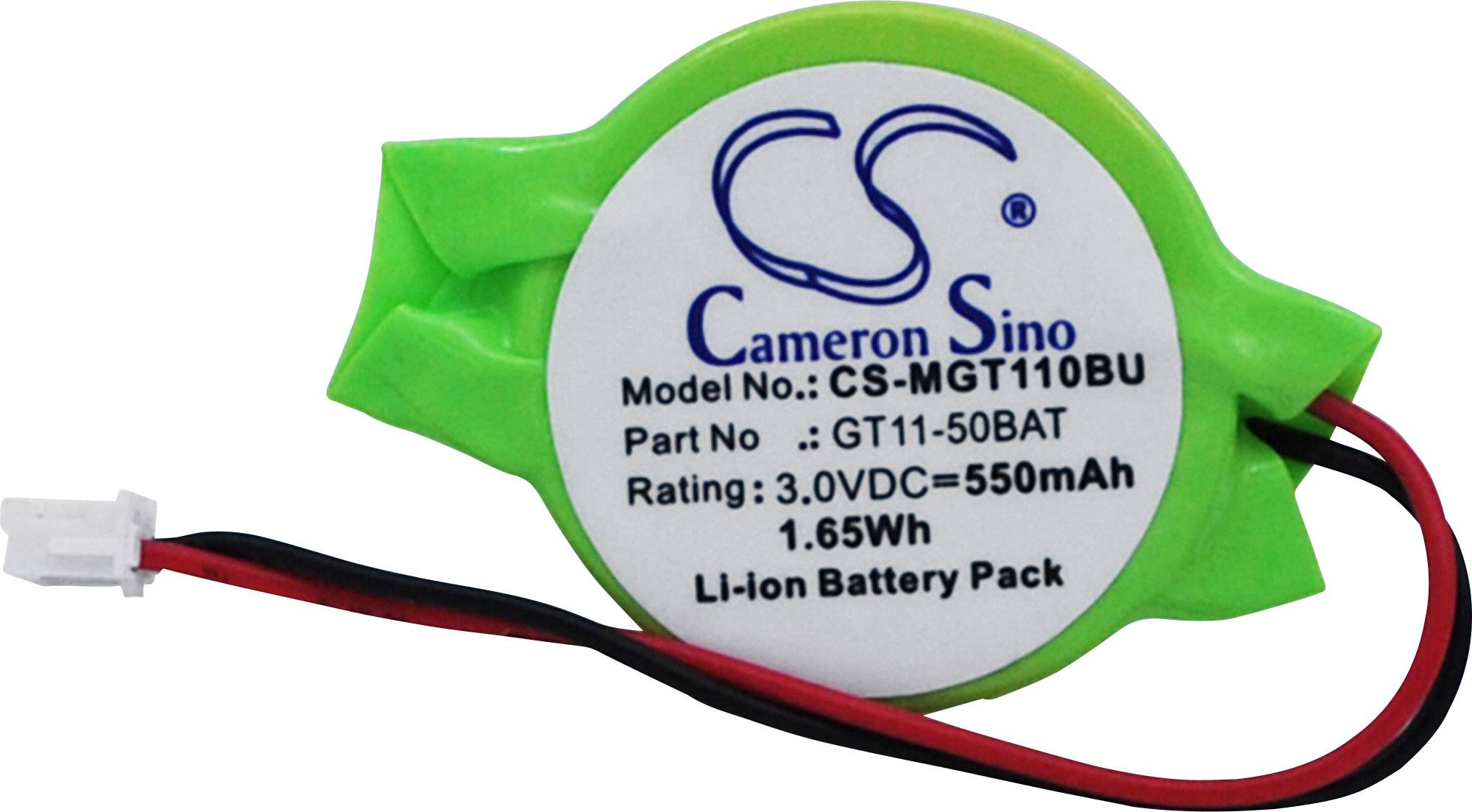 Zelený Li-iontový akumulátor s nálepkou: 'Cameron Sino, Model: CS-MGT110BU, Napětí: 3,0 V, Kapacita: 550 mAh, Energie: 1,65 Wh'.