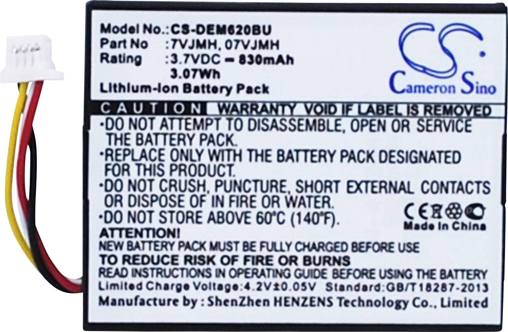 Štítek baterie s číslem modelu 'CS-DEM620BU'. Výkon: 3,7VDC, 830mAh, 3,07Wh. Varování: Neotevírat, nemačkat ani nevhazovat do ohně.