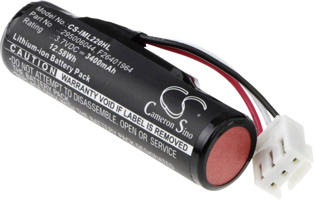 Válcový lithium-iontový akumulátor s kabely a konektorem. Štítek obsahuje informace o záručních podmínkách a technických specifikacích.