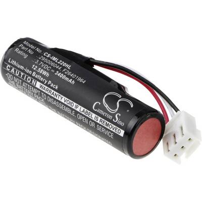 Válcový lithium-iontový akumulátor s kabely a konektorem. Štítek obsahuje informace o záručních podmínkách a technických specifikacích.