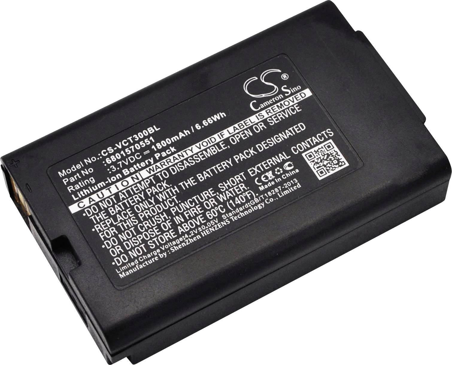 Černý lithium-iontový akumulátor s nápisem a technickými specifikacemi. Varuje před rozebíráním, zkratem a stykem s vodou.