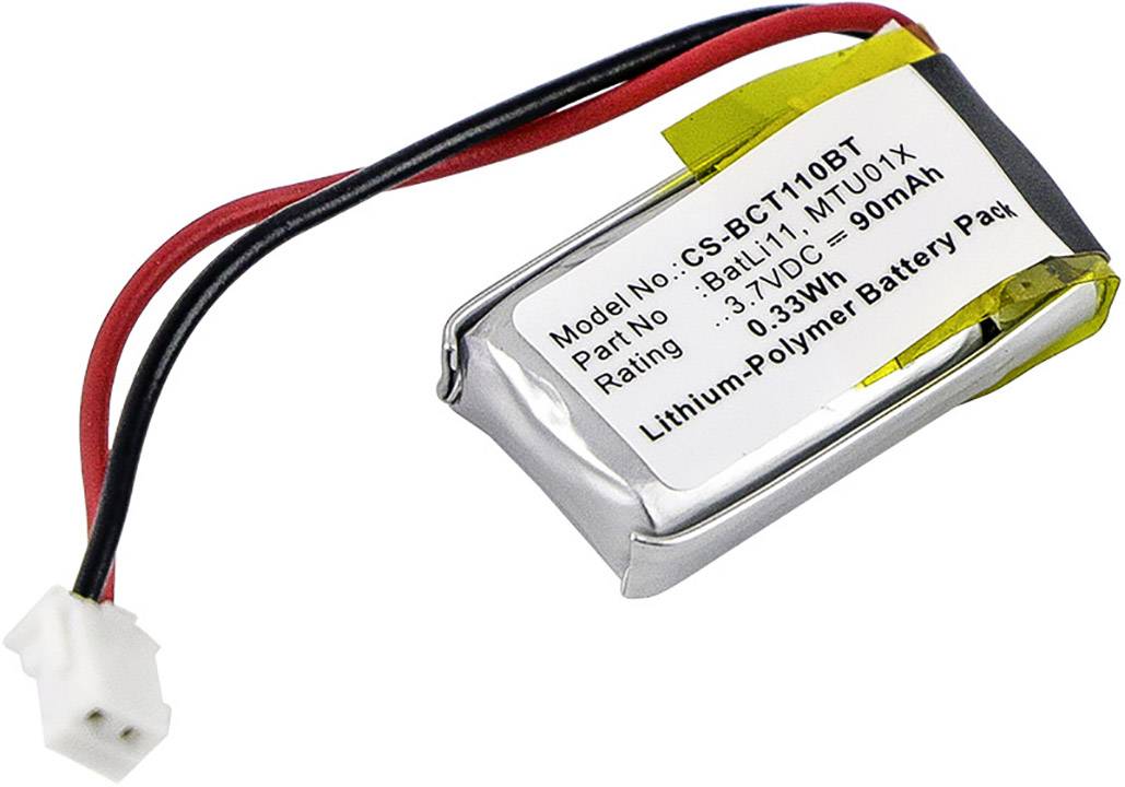 Lithium-polymerový akumulátor s kabelem a konektorem. Štítek zobrazuje číslo modelu a specifikace: 90mAh, 3,7VDC.