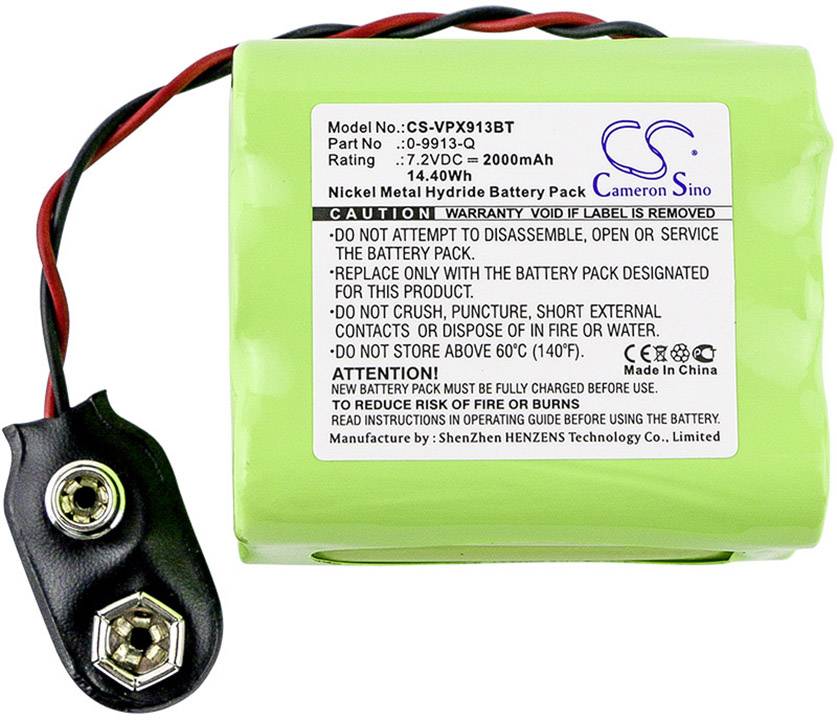 Zelený akumulátor s kabely, nápis: 'Model č.: CS-VPX913BT, 7,2VDC, 2000mAh.' Vytištěny bezpečnostní výstrahy pro bezpečné použití.
