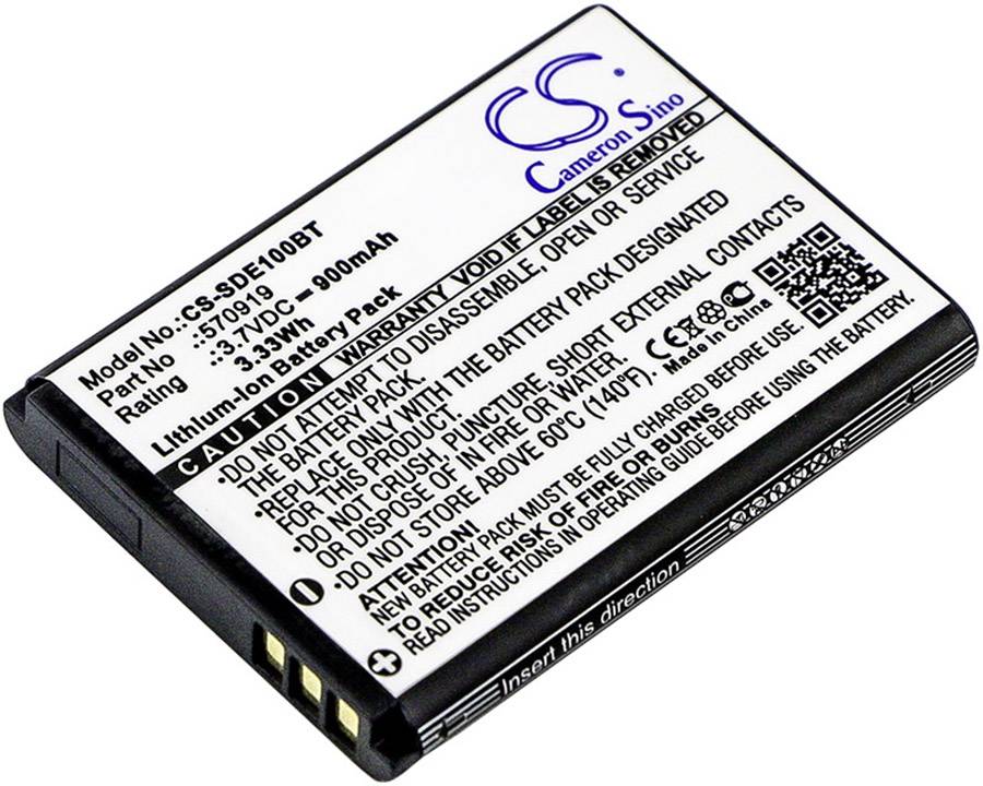 Lithium-iontová baterie s nápisem: 'Cameron Sino'. Modely: CS-SDE100BT, Kapacita: 900 mAh. Napětí: 3,7 V, Bezpečnostní upozornění.