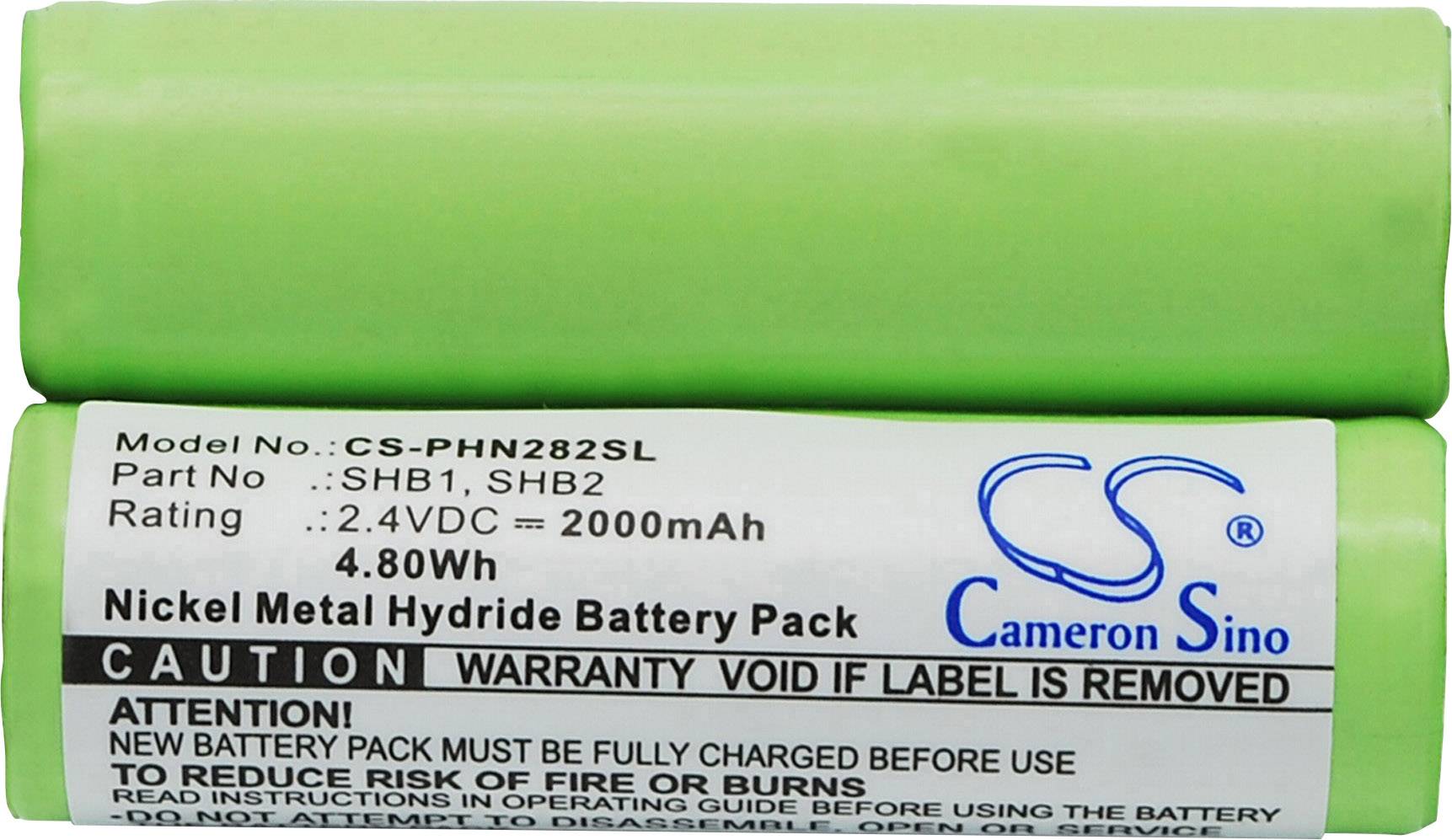 Dvě zelené bateriové články s etiketou. Popis: 'Bateriový pack na bázi nikl-metal hydridové technologie, 4,80 Wh, 2,4 V ss = 2000 mAh.'
