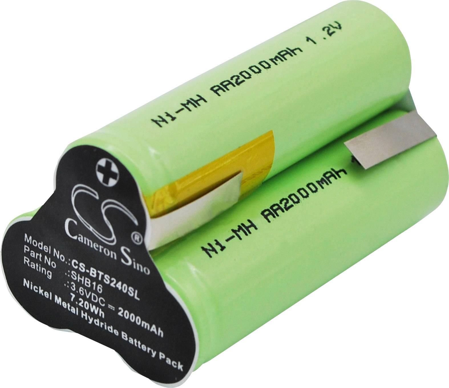Dva zelené NiMH akumulátory v pouzdře, modelové číslo CS-BTS240SL, 1,2V, 2000mAh, akumulátorový pack na bázi nikl-metal hydridové technologie.