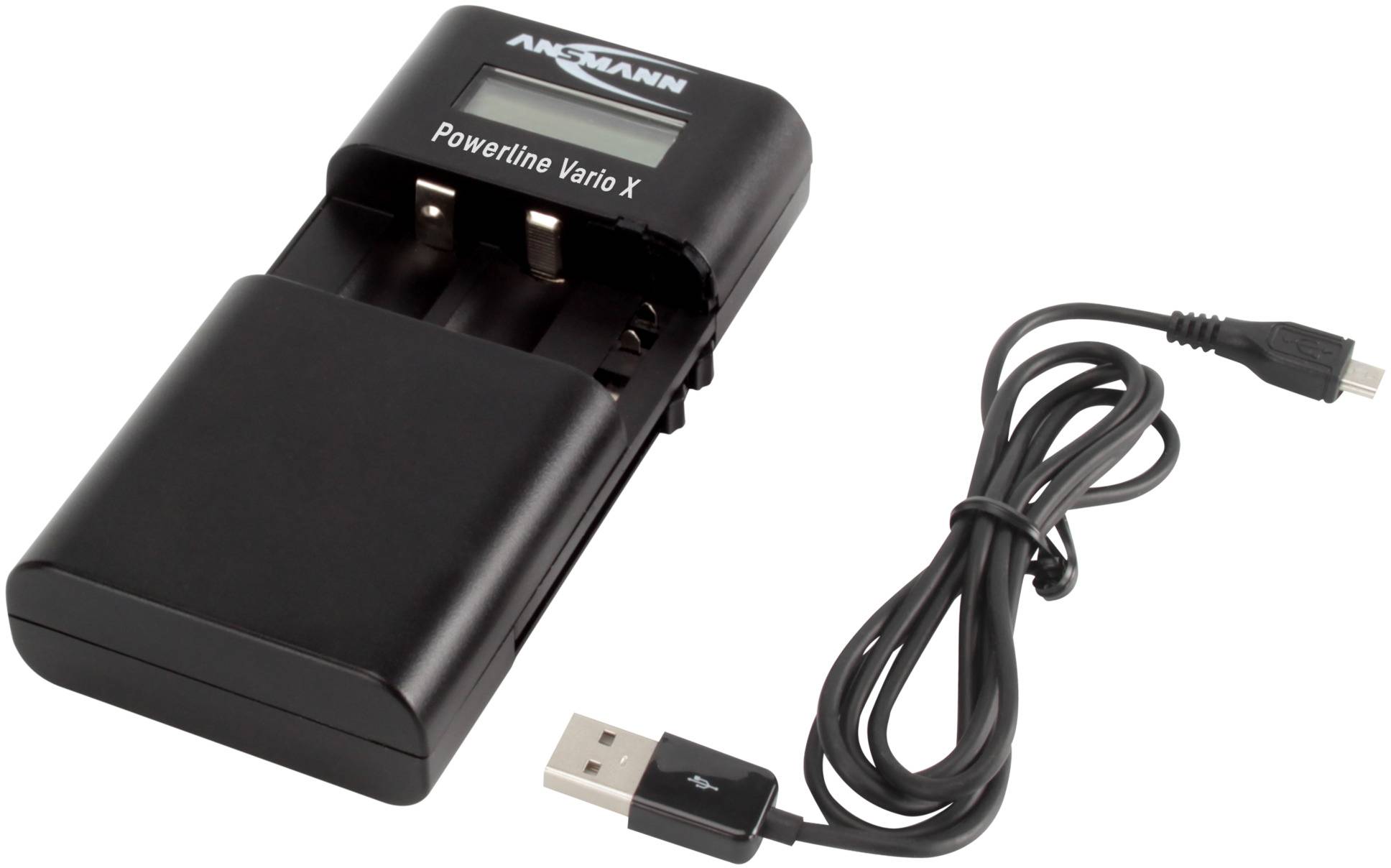 Černá nabíječka baterií 'Powerline Vario X' s USB připojovacím kabelem, vhodná pro různé typy akumulátorů.