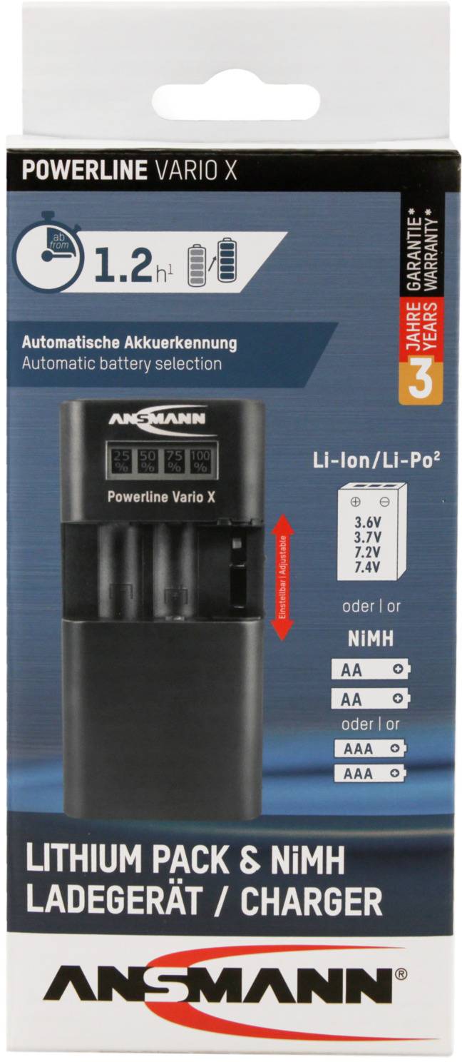 Nabíječka Ansmann Powerline Vario X: Podporuje lithium-iontové/lithium-polymerové (3,6V-8,4V) a NiMH (AA, AAA) baterie, s automatickým rozpoznáváním.
