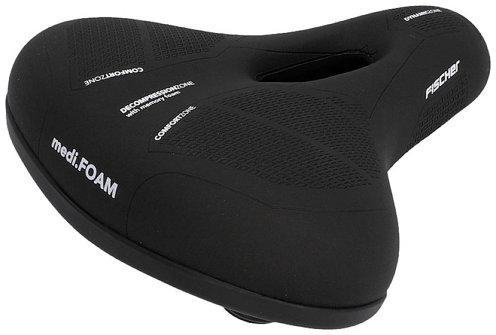 Černé sedlo na kolo s ergonomickým designem, značka 'FISCHER', text 'medi:FOAM', zdůrazňující komfort a dekompresní vlastnosti.
