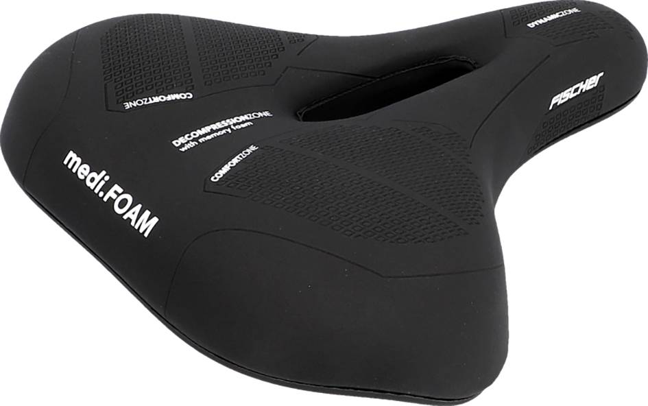 Černý sedák na kolo s nápisem 'medi:FOAM' a ergonomickým designem pro vyšší pohodlí. Vytištěný název značky 'FISCHER'.