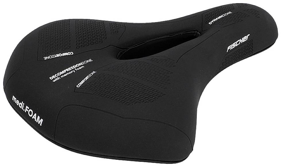 Ergonomické sedlo na kolo s výřezem, černé, vyrobené z měkkého materiálu pro pohodlí a ulevení tlaku. Název značky je viditelný.