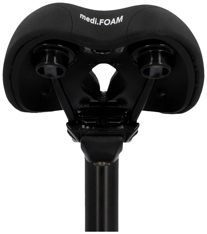 Cyklistické sedlo v černé barvě, fotografované zdola, ukazuje ergonomický tvar s nápisem 'medi.FOAM' na horní straně.