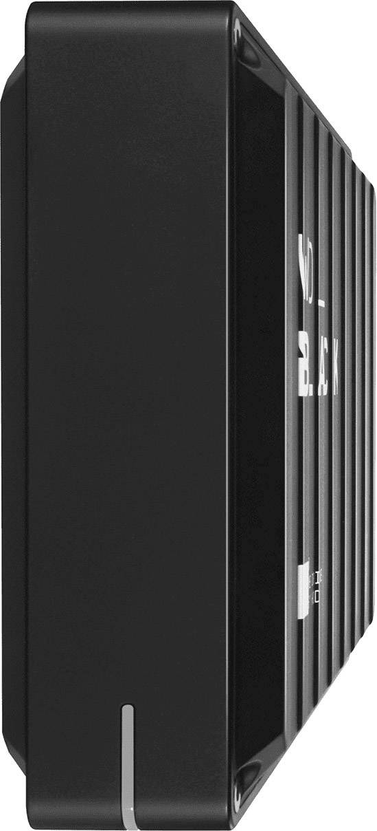 Externí černý pevný disk s žebrovaným designem a úzkým LED páskem na přední straně.