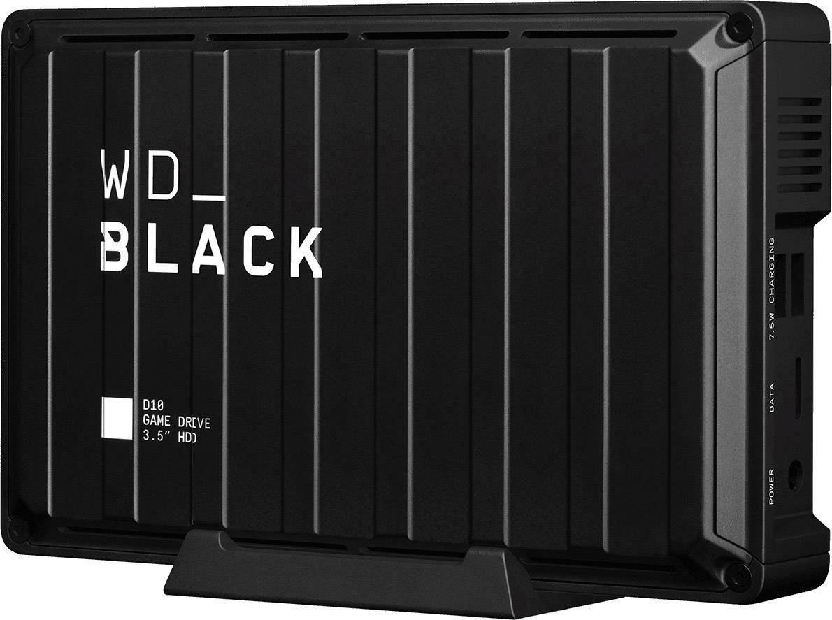 Externí pevný disk 'WD_Black' pro gaming, 3,5palcový HDD, umístěný vzpřímeně na stojanu.