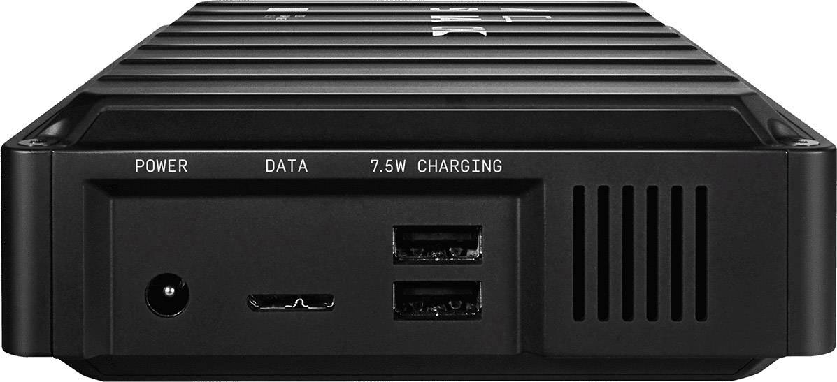 Externí pevný disk s připojením: napájení, data, 7,5W nabíjení, dva USB porty. Pohled zepředu ukazuje větrací štěrbiny.