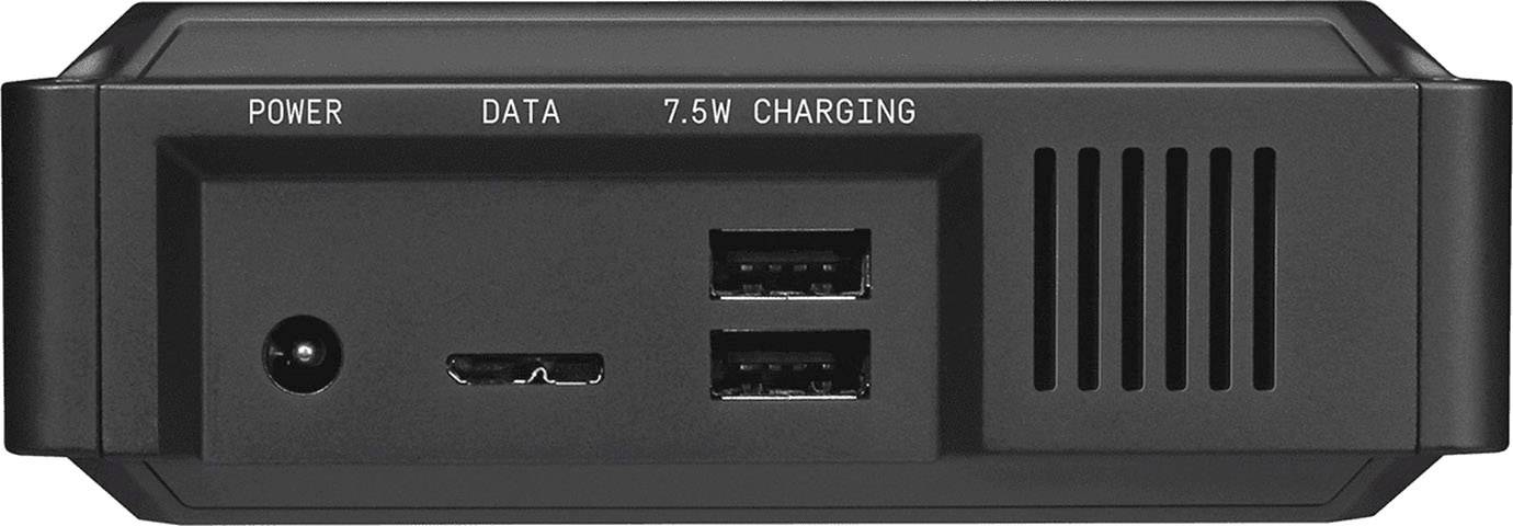Černá krabice s konektory: napájecí konektor, HDMI konektor a dva USB konektory, jeden označený '7.5W Charging'.