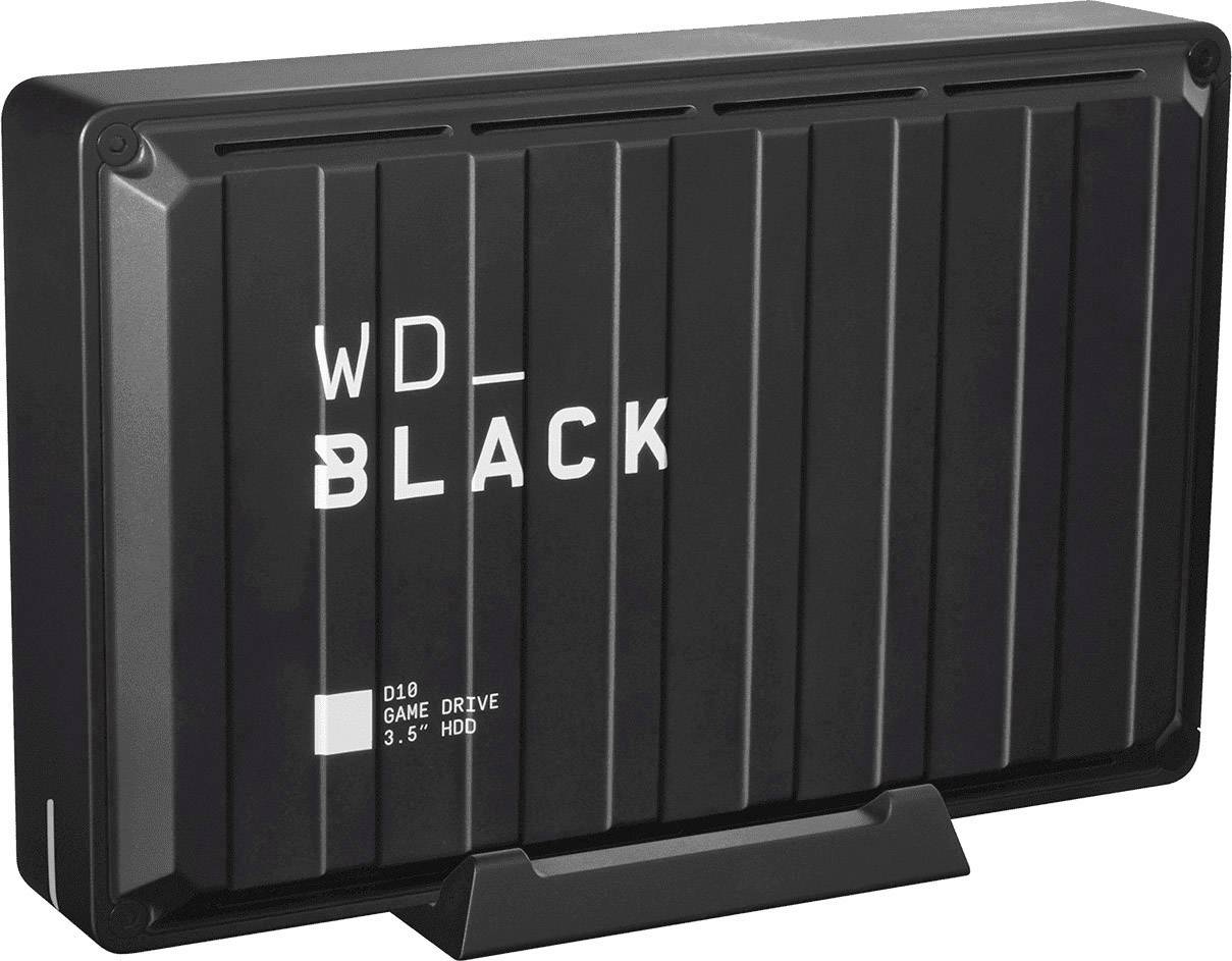 Externí pevný disk v černém pouzdře, označený nápisem 'WD_BLACK', stojící na stojánku.