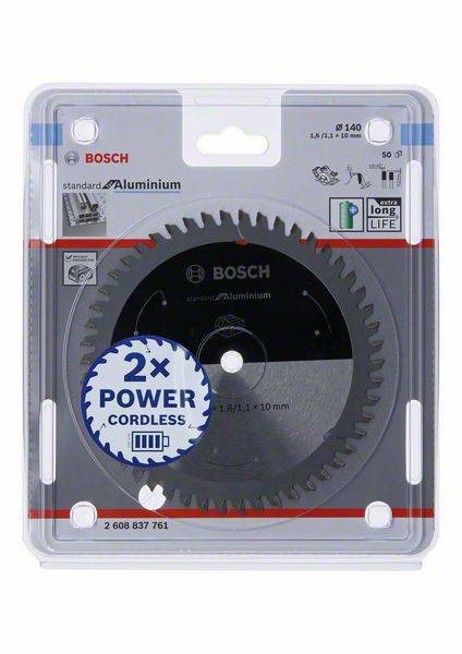 Pilový kotouč Bosch pro hliník, 'Standard for Aluminium', průměr 140 mm, zobrazený v plastovém obalu.