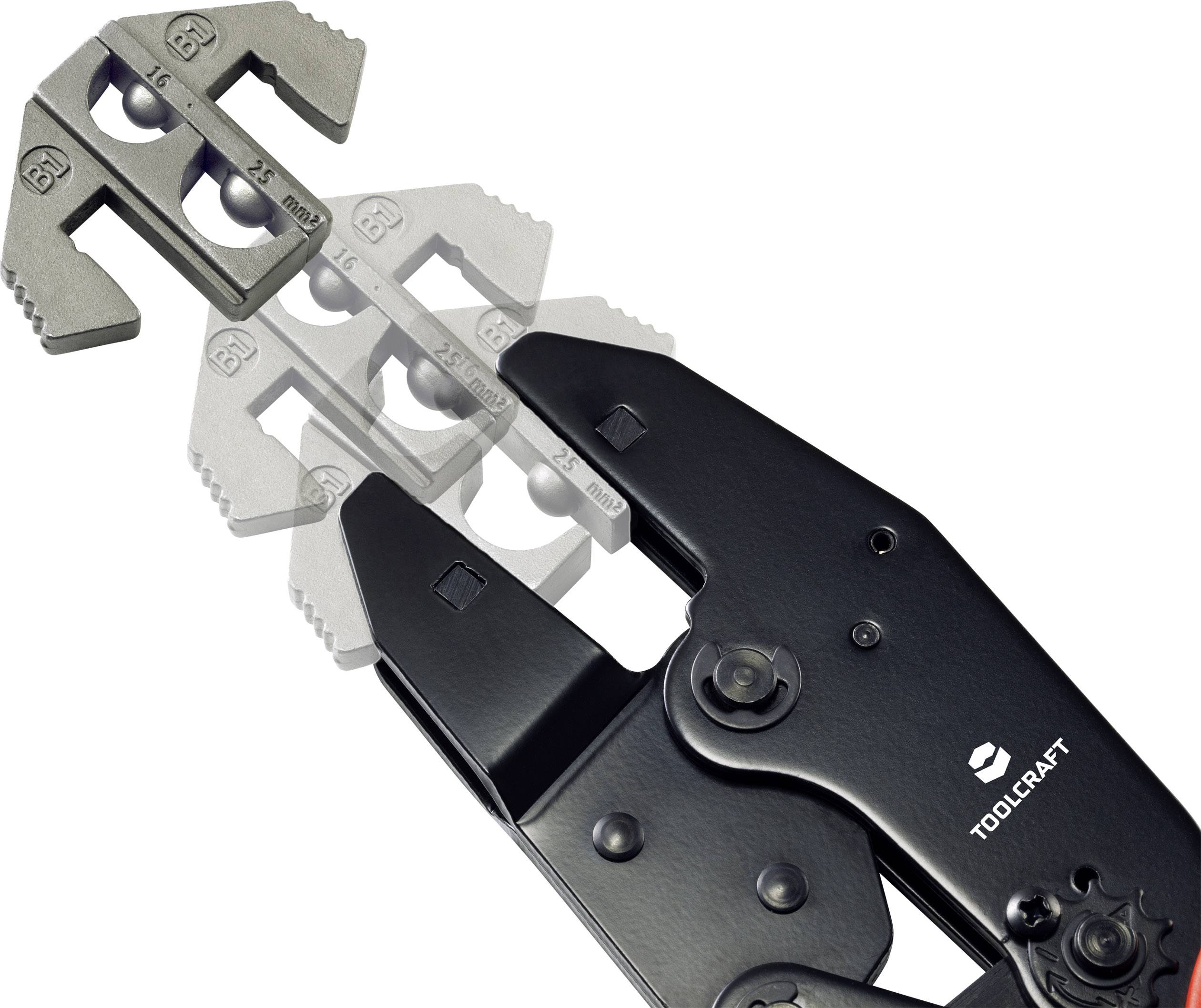 Černé krimpovací kleště značky Toolcraft s vyměnitelnou kovovou hlavou pro různé délky kabelů. Hlavní funkce: krimpování koncových částí kabelů.
