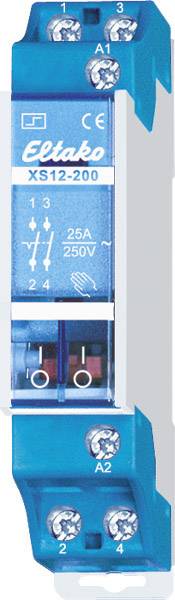 Modrý elektronický modul s nápisem 'Eltako XS12-200', schematické symboly, 25A, 250V. Vybaven několika připojovacími svorkami.