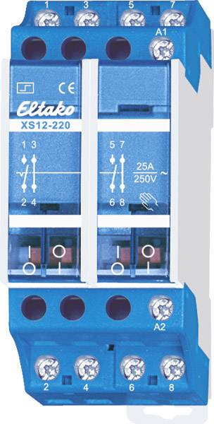 Modrý Eltako XS12-220 relé s 25A při 250V, znázorňující svorky a schéma zapojení.