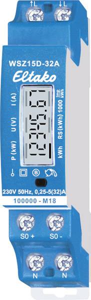 Modrý Eltako WSZ15D-32A elektroměr, zobrazuje '1520.1' kWh na digitálním displeji. Šroubové svorky viditelné nahoře i dole.