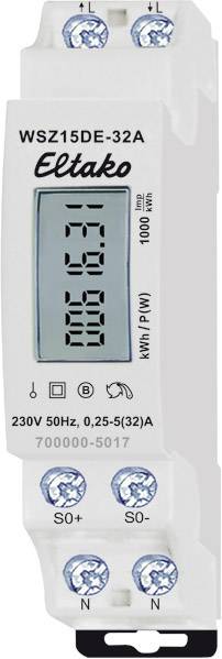 Digitální elektroměr od Eltako, model WSZ15DE-32A, zobrazuje kilowatthodiny. Napětí: 230V, 50Hz, proud: 0,25-5(32)A.