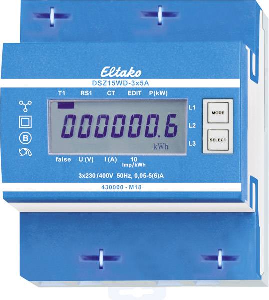 Elektroměř s digitálním displejem zobrazuje '000000.6 kWh'. Název značky nahoře, různá tlačítka a symboly po straně.