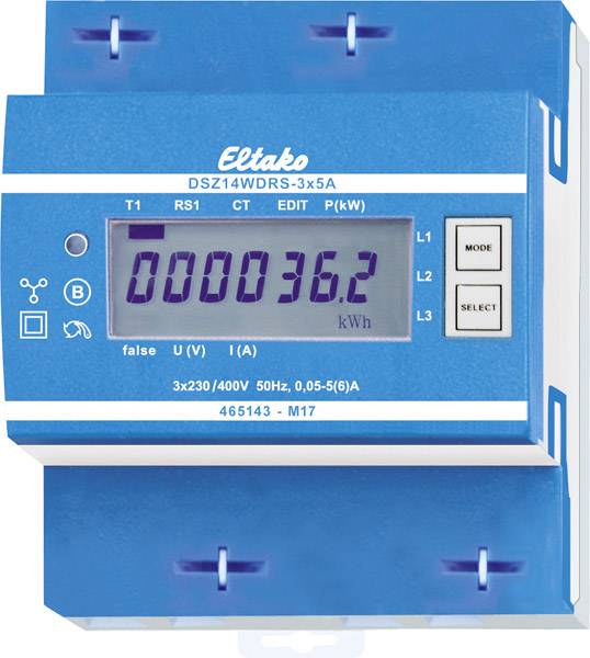Modrý elektronický elektroměr s displejem zobrazujícím '00036.2 kWh'. Na přední straně jsou umístěny tlačítka pro nastavení a výběr různých módů.