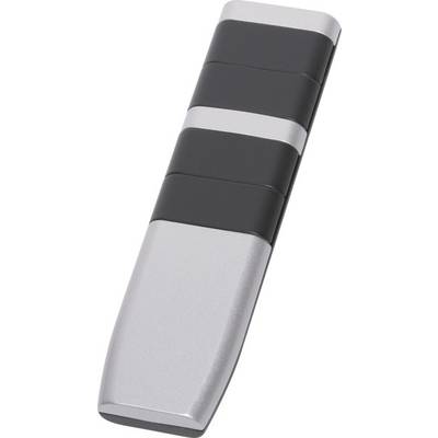 Stříbrný a černý magnet ve tvaru širokého pera, primárně používaný k upevnění papíru na kovové povrchy.