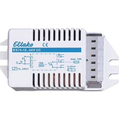 Relé Eltako ES75-12..24V UC, zobrazuje spínací schéma s kapacitou 10A/250V. Šroubové svorky vpravo pro montáž.